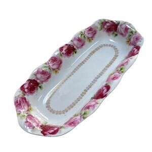 Vintage porcelain relish dish display plate pink & red roses scalloped rim